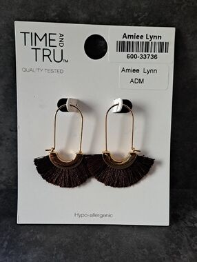 Time and Tru Gold Hoop Tassel Earrings - Dark Brown Fringe
